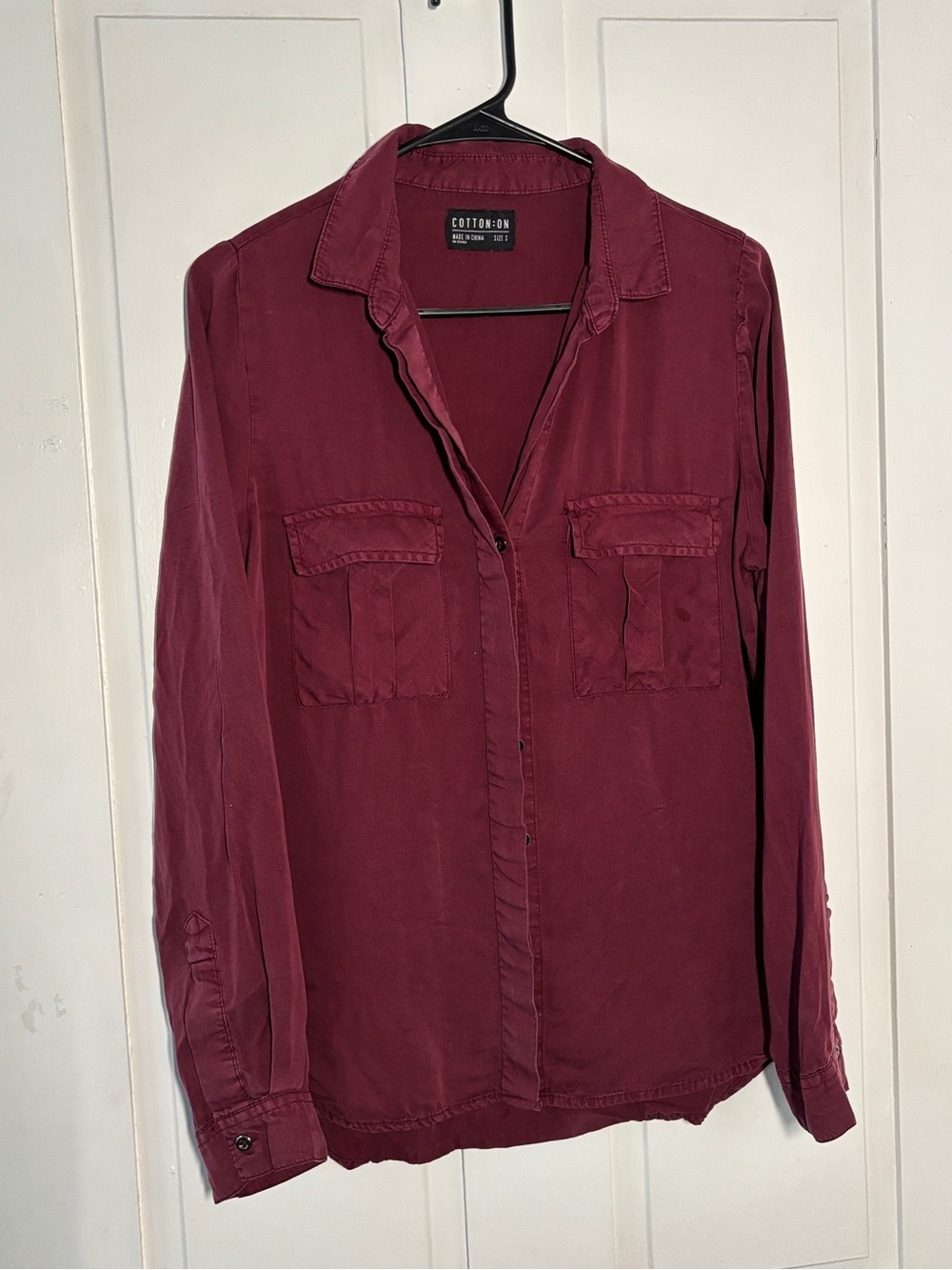 Cotton On Burgundy Long Sleeve Utility Button Shirt Double Chest Pocket Relaxed